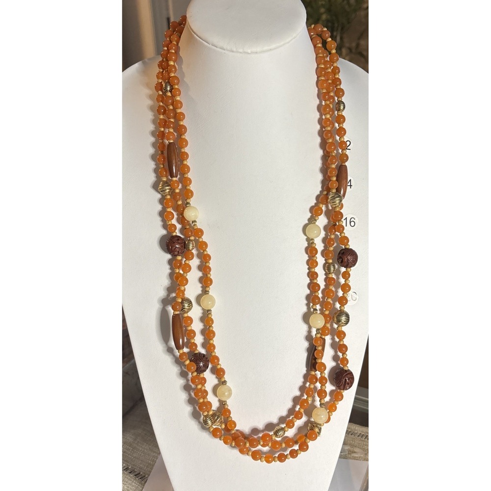 Long Orange Avon Beaded 3 Strand Necklace Carved Wood Gold Tone Boho Statement